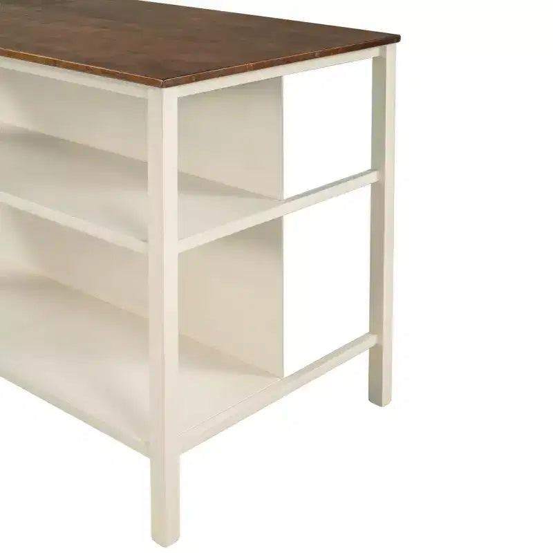 Okak Rustic Stationary Kitchen Island with Rubberwood Butcher, Kitchen Cart with 2 Open Shelves, Kitchen Island Table for Small Space, Walnut