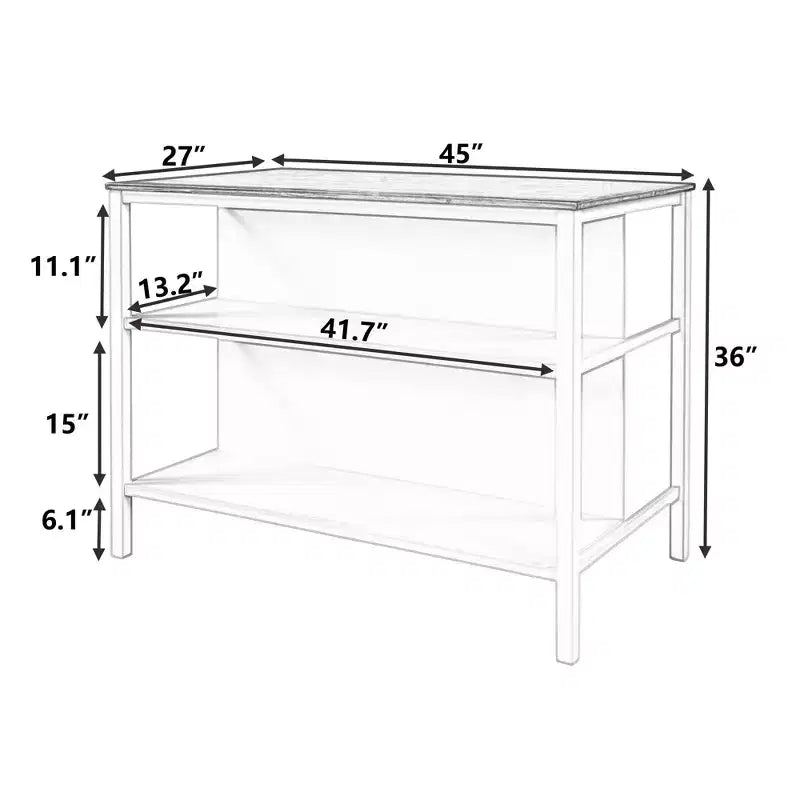 Okak Rustic Stationary Kitchen Island with Rubberwood Butcher, Kitchen Cart with 2 Open Shelves, Kitchen Island Table for Small Space, Walnut