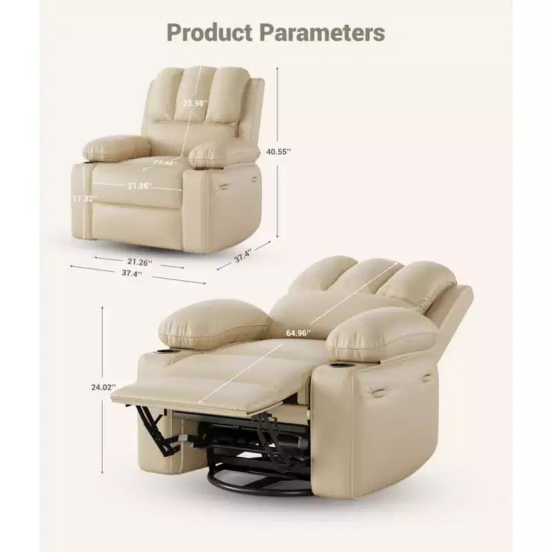 Oversized Swivel Recliner Chair with Heat and Massage, Power Rocking Chair, Faux Leather, Cup Holder