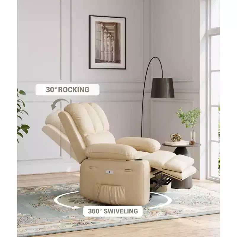 Oversized Swivel Recliner Chair with Heat and Massage, Power Rocking Chair, Faux Leather, Cup Holder