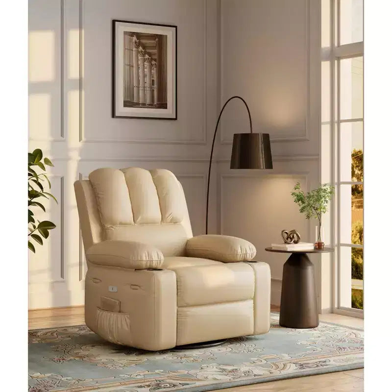 Oversized Swivel Recliner Chair with Heat and Massage, Power Rocking Chair, Faux Leather, Cup Holder