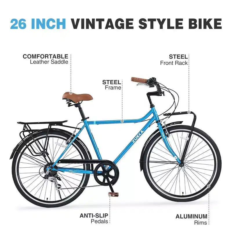 Whisen 26 Bici Vintage, Bici Retro da Pendolarismo con 7 Velocità, Telaio in Acciaio, doppio freno
