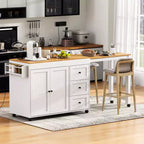 Isola da Cucina Okak con Tavolo Allungabile, Isola da Cucina con Contenitore e Presa di Corrente, Carrello da Cucina con Rotelle e Portaspezie per Sala da Pranzo