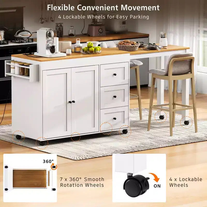 Isola da Cucina Okak con Tavolo Allungabile, Isola da Cucina con Contenitore e Presa di Corrente, Carrello da Cucina con Rotelle e Portaspezie per Sala da Pranzo