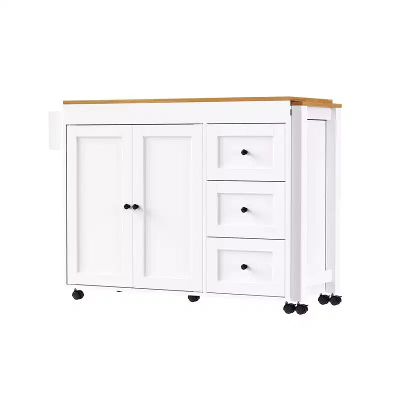 Isola da Cucina Okak con Tavolo Allungabile, Isola da Cucina con Contenitore e Presa di Corrente, Carrello da Cucina con Rotelle e Portaspezie per Sala da Pranzo
