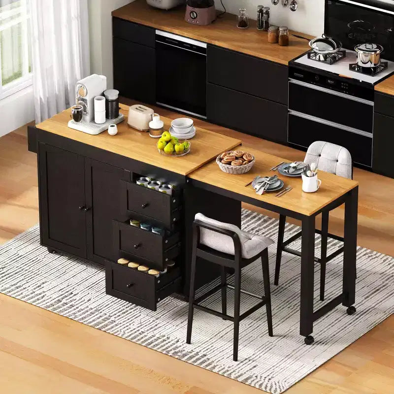 Isola da Cucina Okak con Tavolo Allungabile, Isola da Cucina con Contenitore e Presa di Corrente, Carrello da Cucina con Rotelle e Portaspezie per Sala da Pranzo