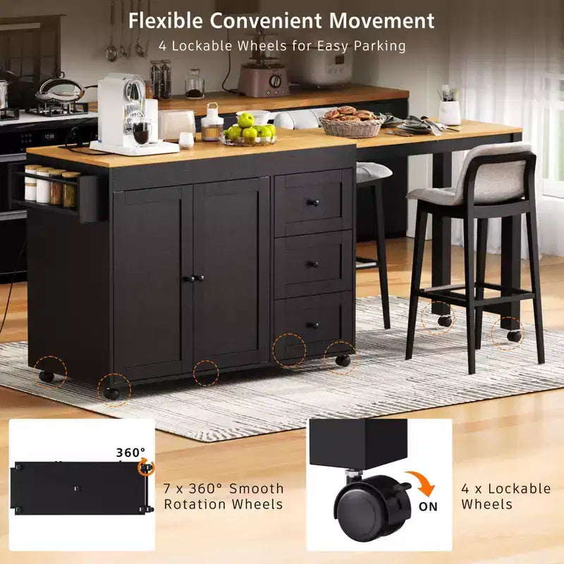 Isola da Cucina Okak con Tavolo Allungabile, Isola da Cucina con Contenitore e Presa di Corrente, Carrello da Cucina con Rotelle e Portaspezie per Sala da Pranzo