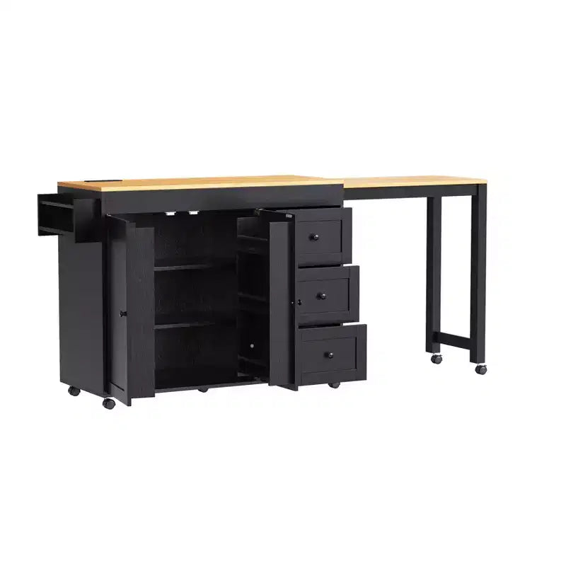 Isola da Cucina Okak con Tavolo Allungabile, Isola da Cucina con Contenitore e Presa di Corrente, Carrello da Cucina con Rotelle e Portaspezie per Sala da Pranzo