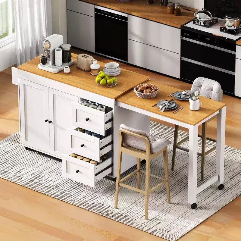 Isola da Cucina Okak con Tavolo Allungabile, Isola da Cucina con Contenitore e Presa di Corrente, Carrello da Cucina con Rotelle e Portaspezie per Sala da Pranzo