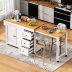 Isola da Cucina Okak con Tavolo Allungabile, Isola da Cucina con Contenitore e Presa di Corrente, Carrello da Cucina con Rotelle e Portaspezie per Sala da Pranzo