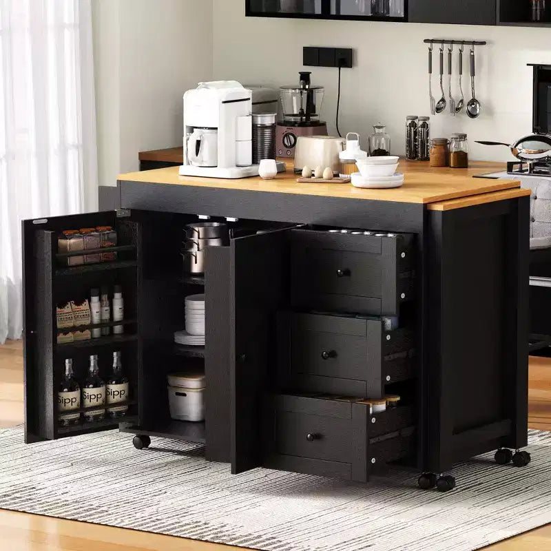 Isola da Cucina Okak con Tavolo Allungabile, Isola da Cucina con Contenitore e Presa di Corrente, Carrello da Cucina con Rotelle e Portaspezie per Sala da Pranzo