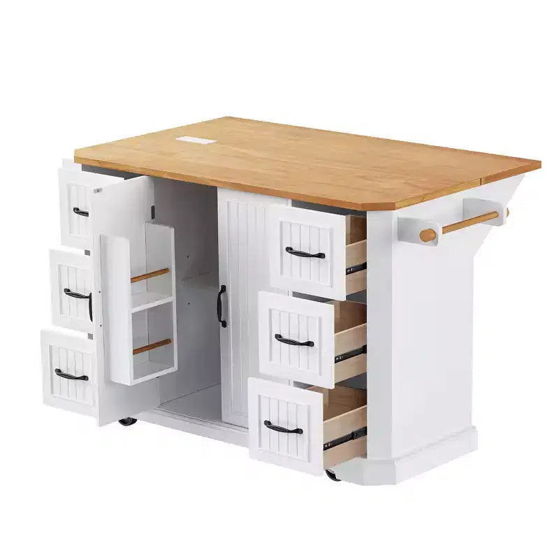 Carrello da cucina Okak con anta a ribalta in impiallacciatura di legno di caucciù, organizer da piano di lavoro con presa di corrente, 4 ripiani a sportello e 6 cassetti profondi per cucina