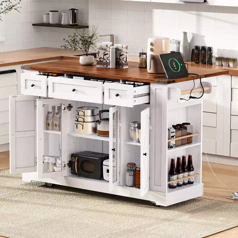 Okak Kitchen Cart with Two Tempered Glass Doors and 5 Open Side Racks, Kitchen Island with Power Outlet and Drop Leaf for Dining Room