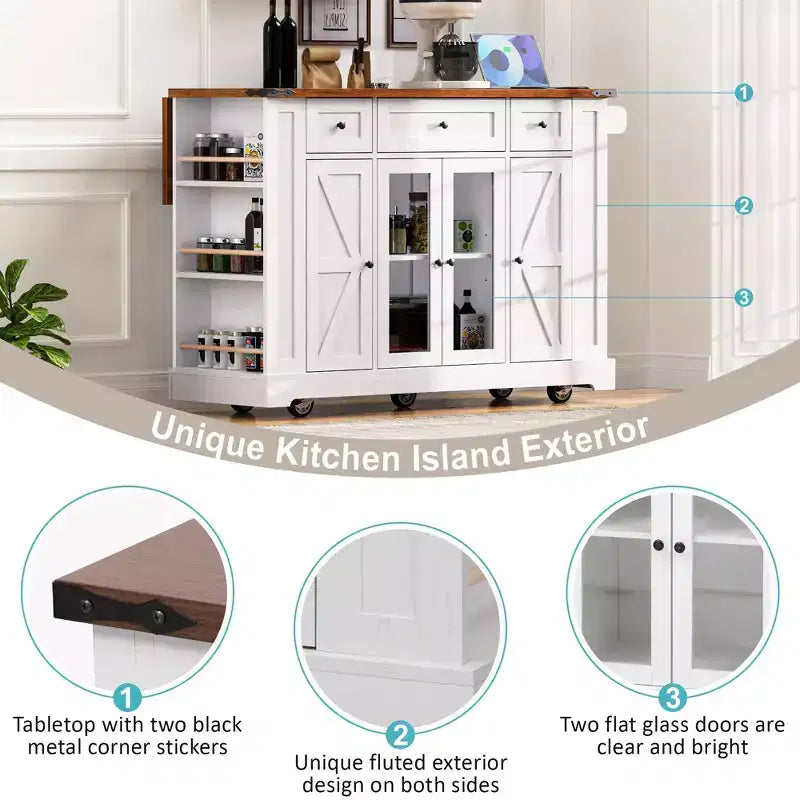 Okak Kitchen Cart with Two Tempered Glass Doors and 5 Open Side Racks, Kitchen Island with Power Outlet and Drop Leaf for Dining Room