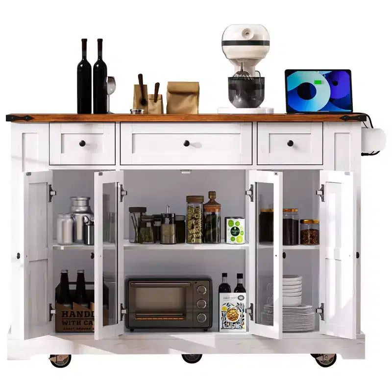 Okak Kitchen Cart with Two Tempered Glass Doors and 5 Open Side Racks, Kitchen Island with Power Outlet and Drop Leaf for Dining Room