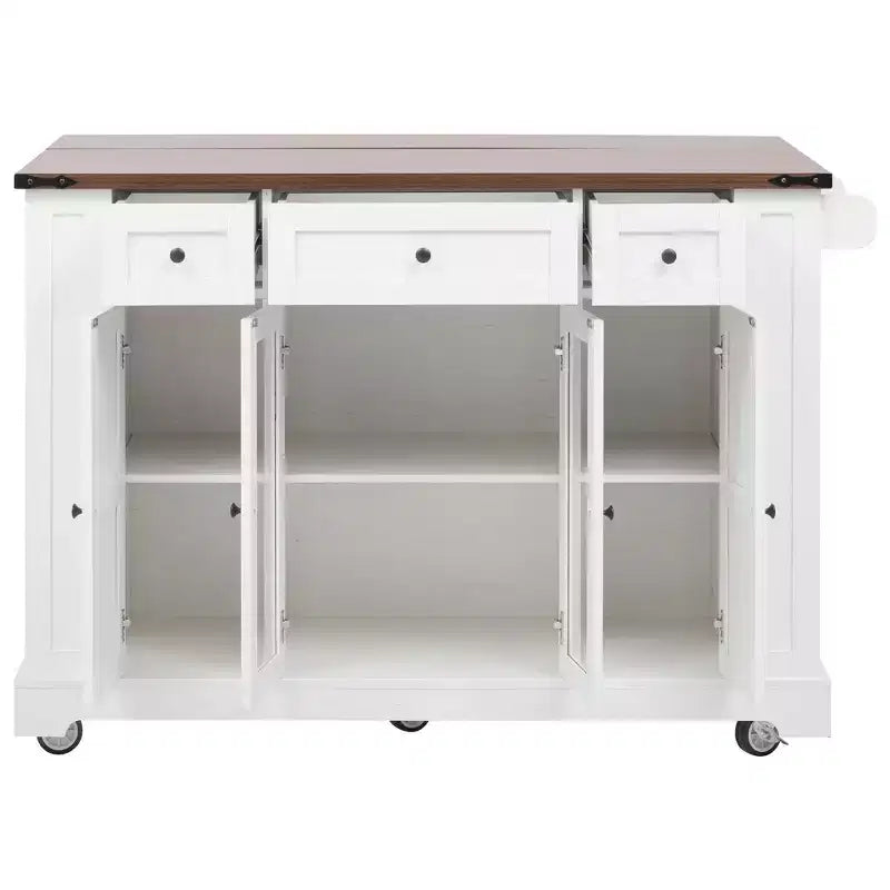 Okak Kitchen Cart with Two Tempered Glass Doors and 5 Open Side Racks, Kitchen Island with Power Outlet and Drop Leaf for Dining Room