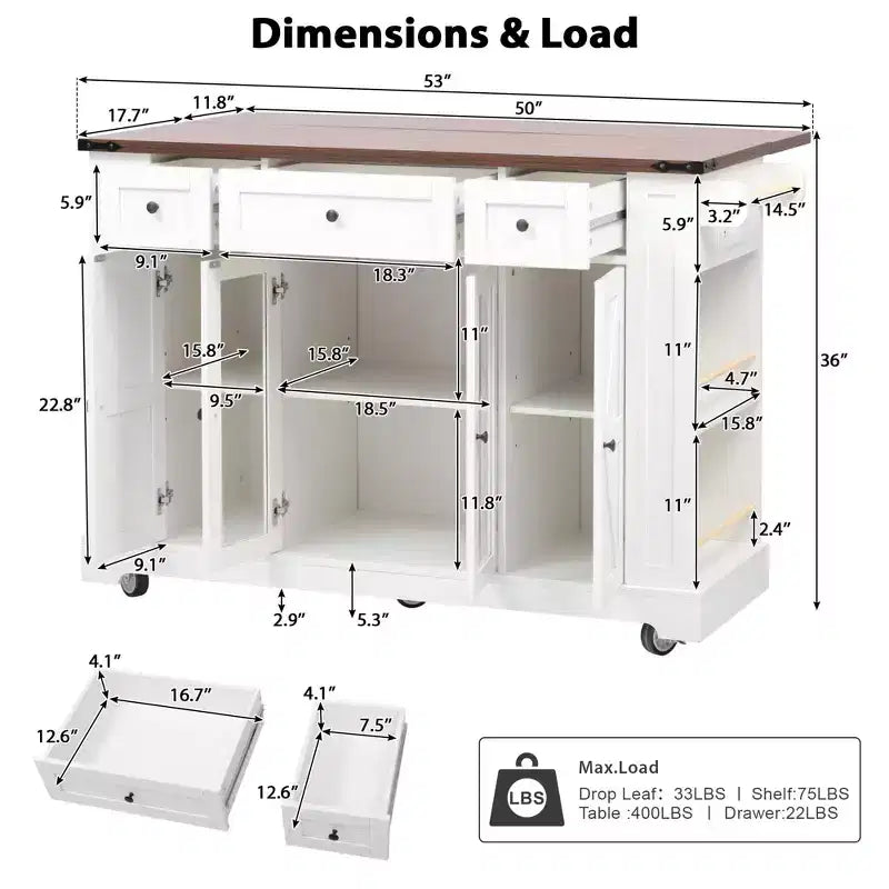 Okak Kitchen Cart with Two Tempered Glass Doors and 5 Open Side Racks, Kitchen Island with Power Outlet and Drop Leaf for Dining Room