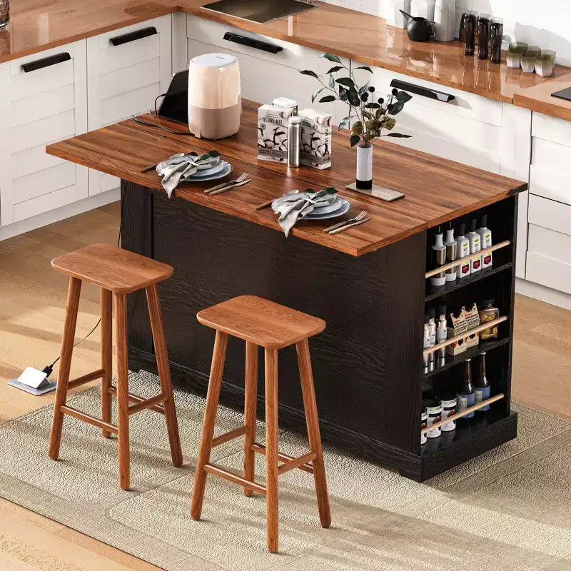 Okak Kitchen Cart with Two Tempered Glass Doors and 5 Open Side Racks, Kitchen Island with Power Outlet and Drop Leaf for Dining Room