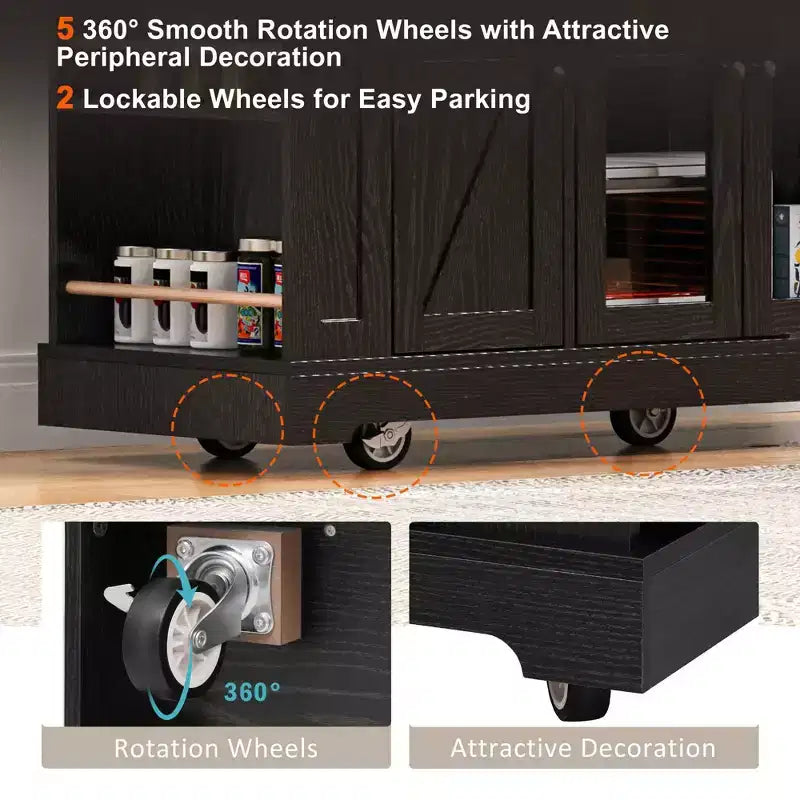 Okak Kitchen Cart with Two Tempered Glass Doors and 5 Open Side Racks, Kitchen Island with Power Outlet and Drop Leaf for Dining Room