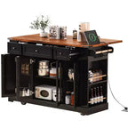 Okak Kitchen Cart with Two Tempered Glass Doors and 5 Open Side Racks, Kitchen Island with Power Outlet and Drop Leaf for Dining Room