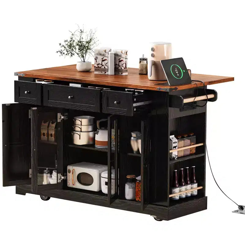 Okak Kitchen Cart with Two Tempered Glass Doors and 5 Open Side Racks, Kitchen Island with Power Outlet and Drop Leaf for Dining Room
