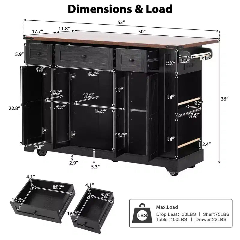 Okak Kitchen Cart with Two Tempered Glass Doors and 5 Open Side Racks, Kitchen Island with Power Outlet and Drop Leaf for Dining Room