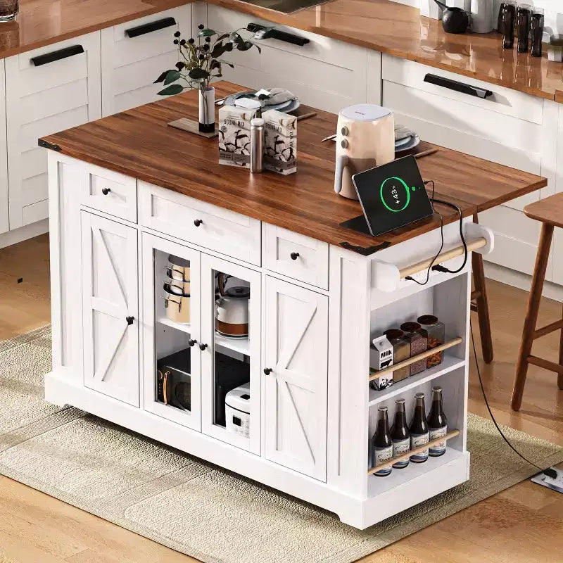 Okak Kitchen Cart with Two Tempered Glass Doors and 5 Open Side Racks, Kitchen Island with Power Outlet and Drop Leaf for Dining Room