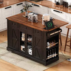 Okak Kitchen Cart with Two Tempered Glass Doors and 5 Open Side Racks, Kitchen Island with Power Outlet and Drop Leaf for Dining Room