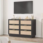 Comò a 6 cassetti in rattan, cassettiera nera larga 47 pollici a 6 cassetti con maniglie in metallo e robusta base in legno per camera da letto, soggiorno, cameretta, armadio