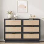 Comò a 6 cassetti in rattan, cassettiera nera larga 47 pollici a 6 cassetti con maniglie in metallo e robusta base in legno per camera da letto, soggiorno, cameretta, armadio