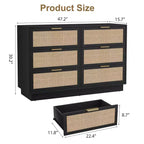 Comò a 6 cassetti in rattan, cassettiera nera larga 47 pollici a 6 cassetti con maniglie in metallo e robusta base in legno per camera da letto, soggiorno, cameretta, armadio