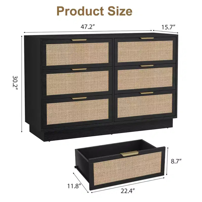 Comò a 6 cassetti in rattan, cassettiera nera larga 47 pollici a 6 cassetti con maniglie in metallo e robusta base in legno per camera da letto, soggiorno, cameretta, armadio
