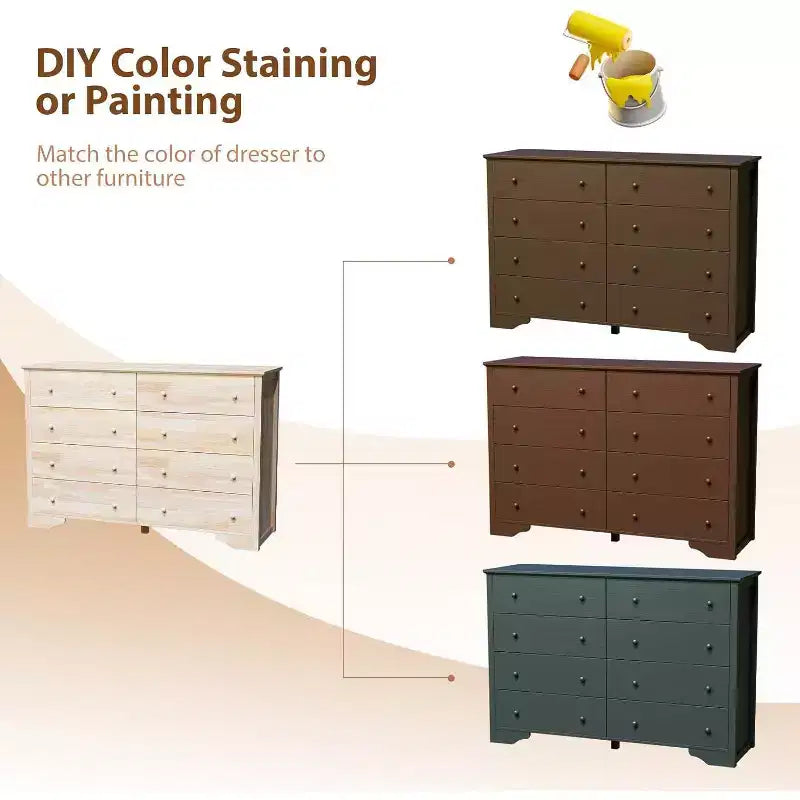 VINGLI 55 W Solid Wood Dresser 8 Drawer, Unfinished Chest for Color DIY