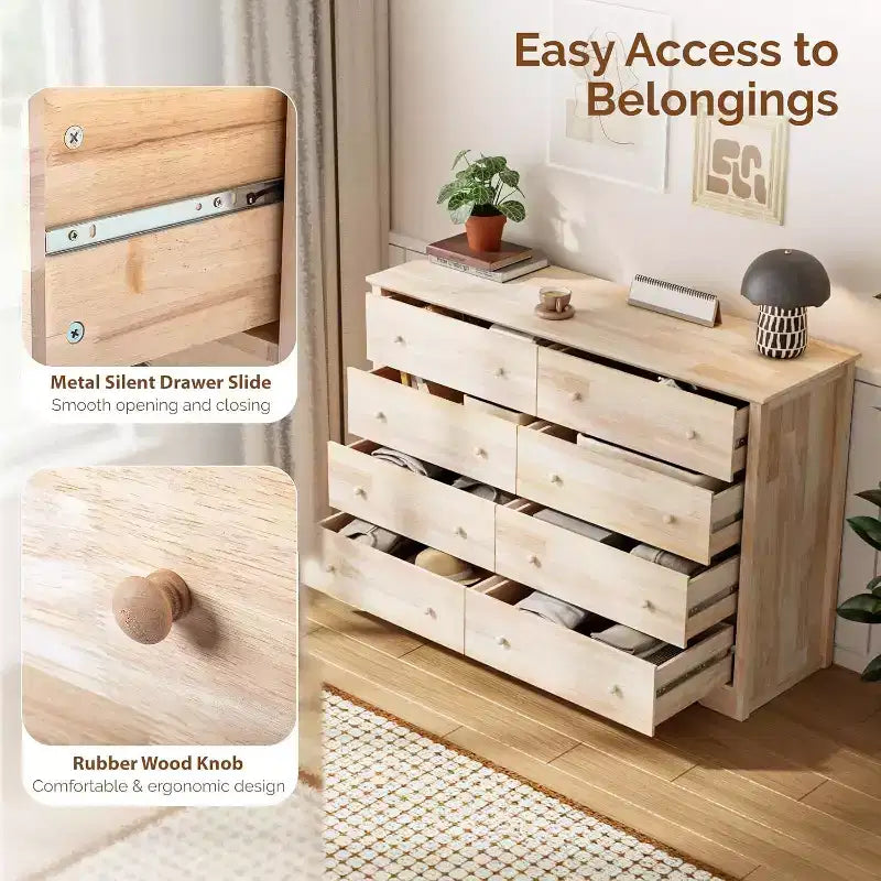 VINGLI 55 W Solid Wood Dresser 8 Drawer, Unfinished Chest for Color DIY