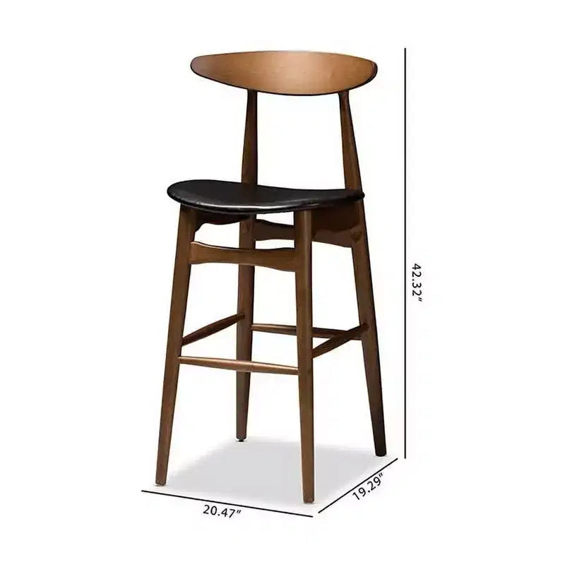 HomeStock Flora Mid-Century Modern Black Faux Leather Upholstered Walnut Finished Bar Stool Set