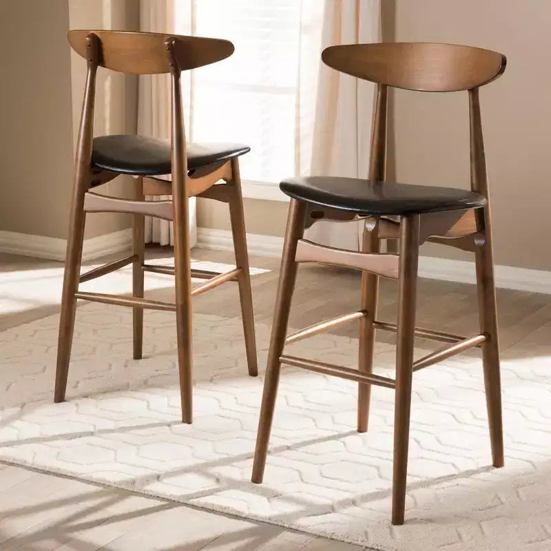HomeStock Flora Mid-Century Modern Black Faux Leather Upholstered Walnut Finished Bar Stool Set