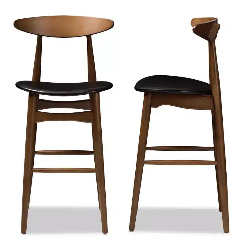 HomeStock Flora Mid-Century Modern Black Faux Leather Upholstered Walnut Finished Bar Stool Set
