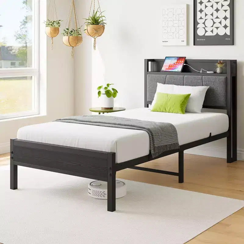 Struttura Letto Singolo Okak con Testiera Contenitore Solida, Letto a Piattaforma con Testiera Contenitore e Stazione di Ricarica per Camera da Letto, Nero
