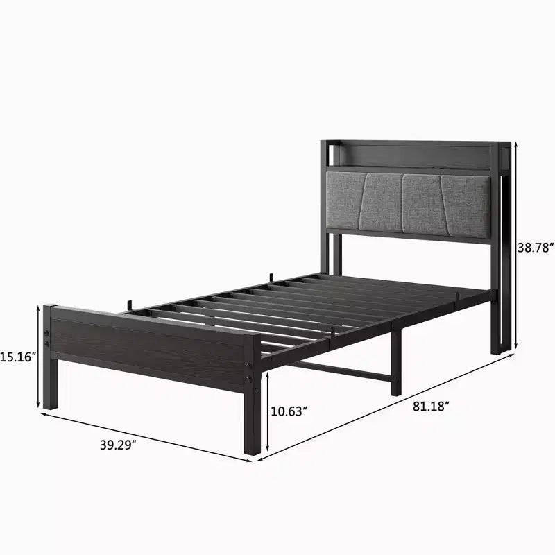 Struttura Letto Singolo Okak con Testiera Contenitore Solida, Letto a Piattaforma con Testiera Contenitore e Stazione di Ricarica per Camera da Letto, Nero