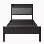 Struttura Letto Singolo Okak con Testiera Contenitore Solida, Letto a Piattaforma con Testiera Contenitore e Stazione di Ricarica per Camera da Letto, Nero