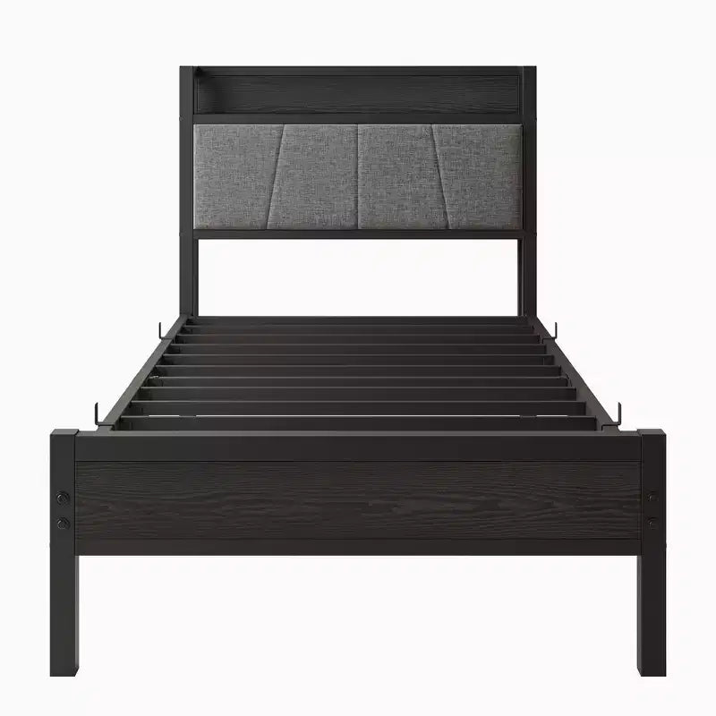 Struttura Letto Singolo Okak con Testiera Contenitore Solida, Letto a Piattaforma con Testiera Contenitore e Stazione di Ricarica per Camera da Letto, Nero