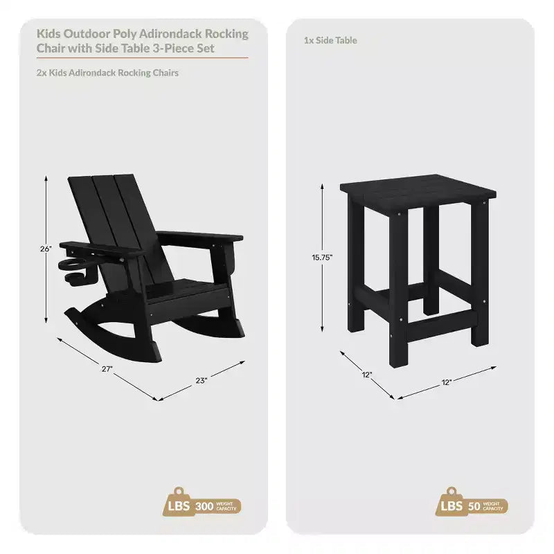 WestinTrends Ashore Set da 3 Pezzi di Sedia a Dondolo Moderna per Bambini con Portabicchieri e Tavolino Laterale Quadrato