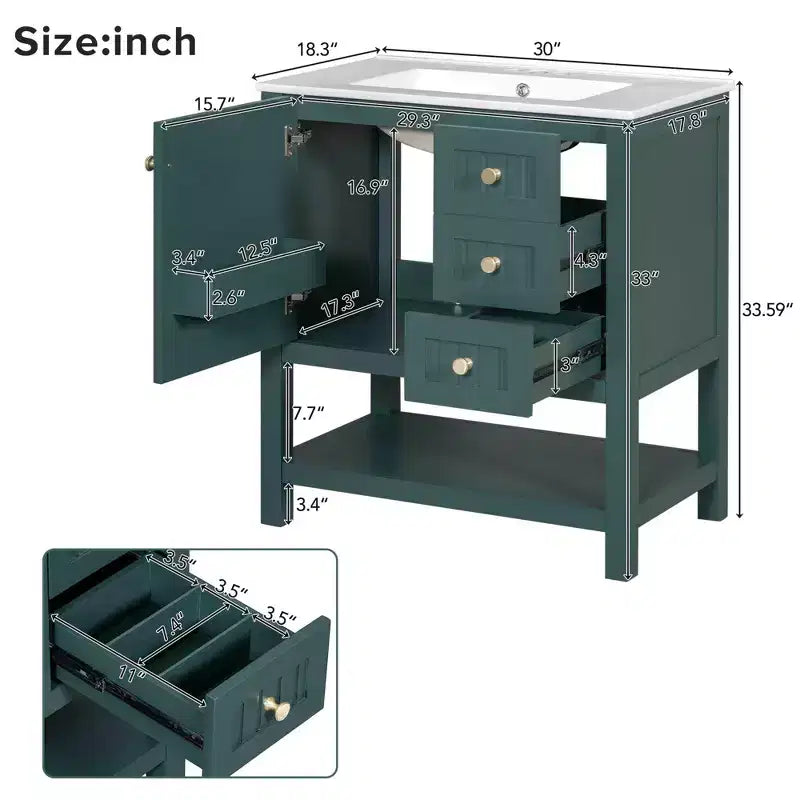 Mobile bagno con lavabo, 1 anta, 2 cassetti, vano a giorno inferiore (esclusi rubinetti e tubi di scarico)