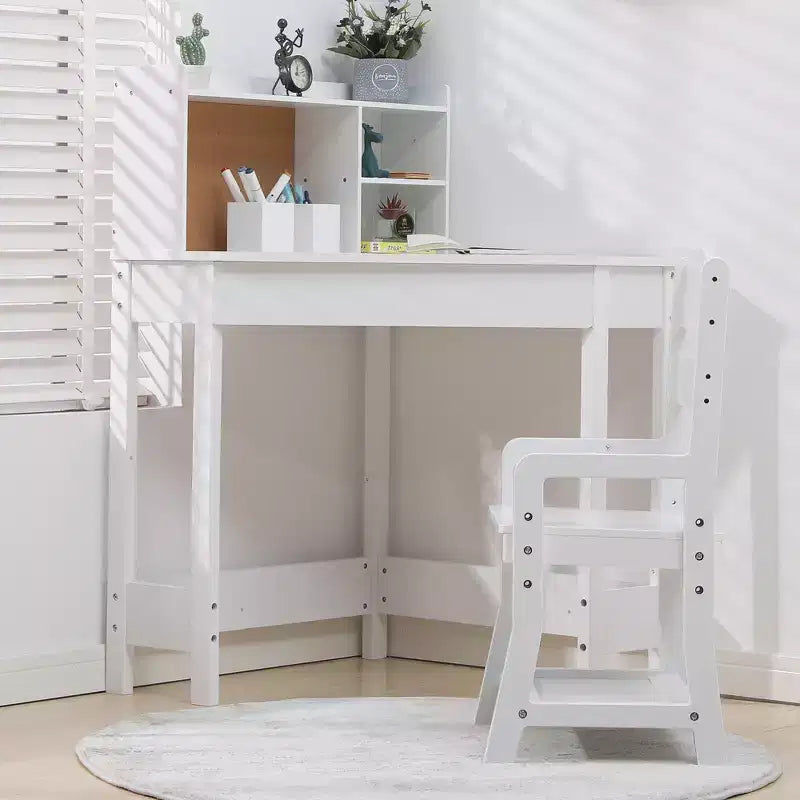 Scrivania e sedia per bambini, scrivania angolare con libreria, sedia regolabile, bacheca in sughero, adatta a bambini e bambine.