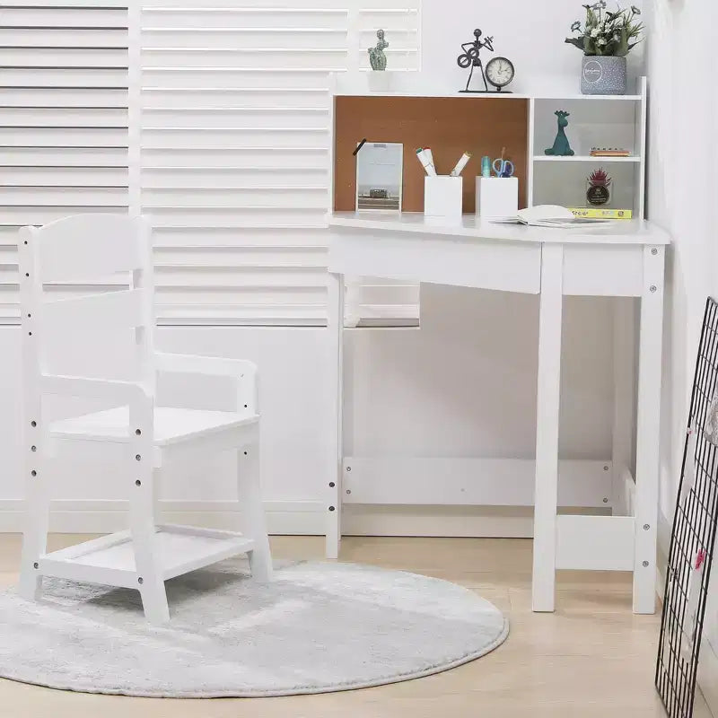 Scrivania e sedia per bambini, scrivania angolare con libreria, sedia regolabile, bacheca in sughero, adatta a bambini e bambine.
