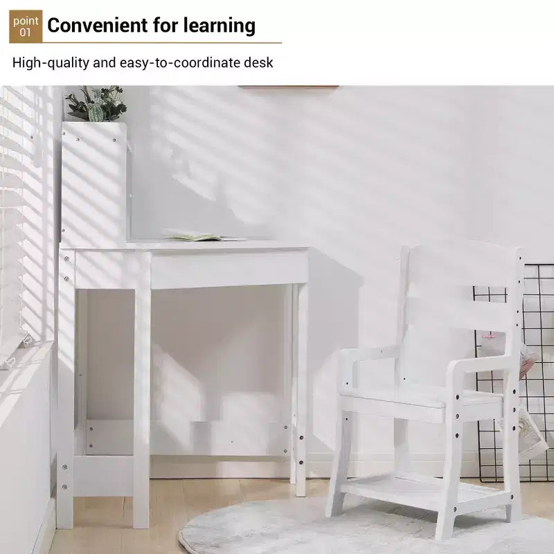 Scrivania e sedia per bambini, scrivania angolare con libreria, sedia regolabile, bacheca in sughero, adatta a bambini e bambine.