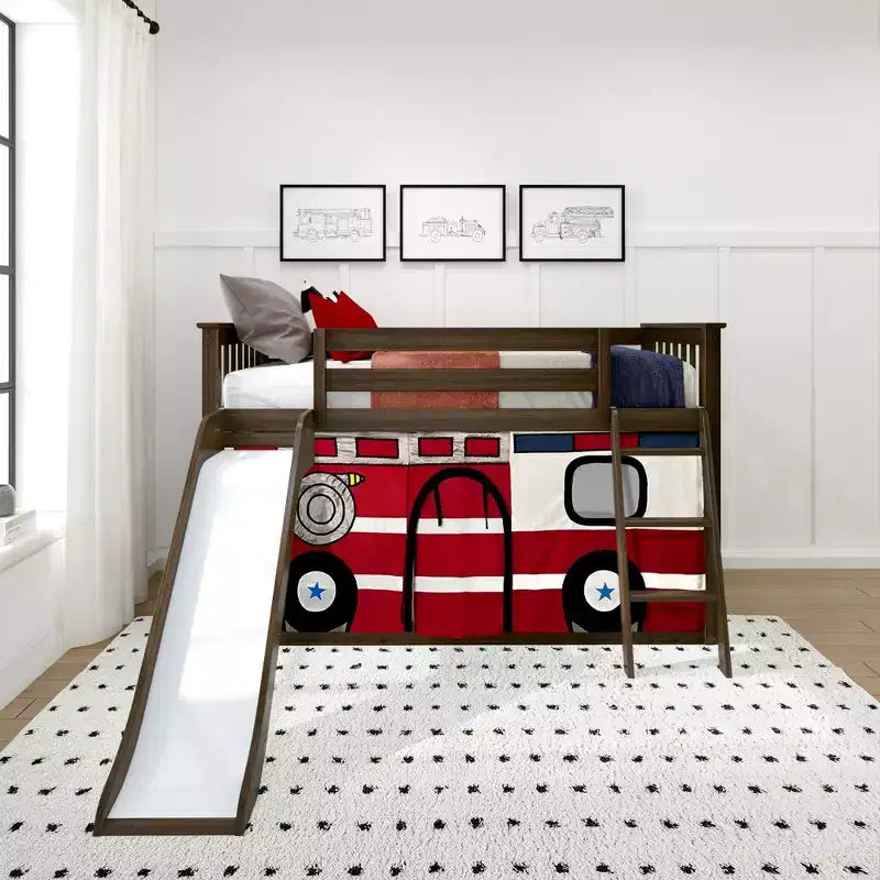 Letto a castello basso Twin Over Twin con scivolo facile e tenda a tema autopompa