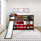 Letto a castello basso Twin Over Twin con scivolo facile e tenda a tema autopompa