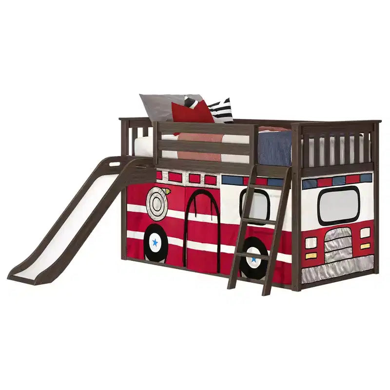Letto a castello basso Twin Over Twin con scivolo facile e tenda a tema autopompa