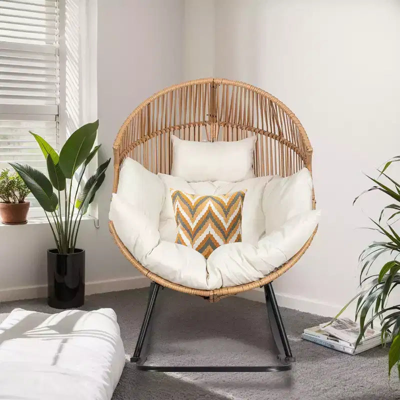 Sedia a dondolo a uovo in vimini Celebalcony, sedia a dondolo in rattan con cuscino, poltrona a dondolo reclinabile di grandi dimensioni per esterni-interni, balcone, cortile, giardino